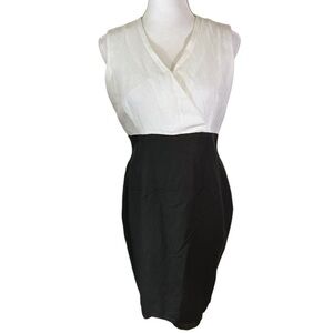 Calvin Klein- Black/White V Neck Sleeveless Linen Blend Dress- Size 6